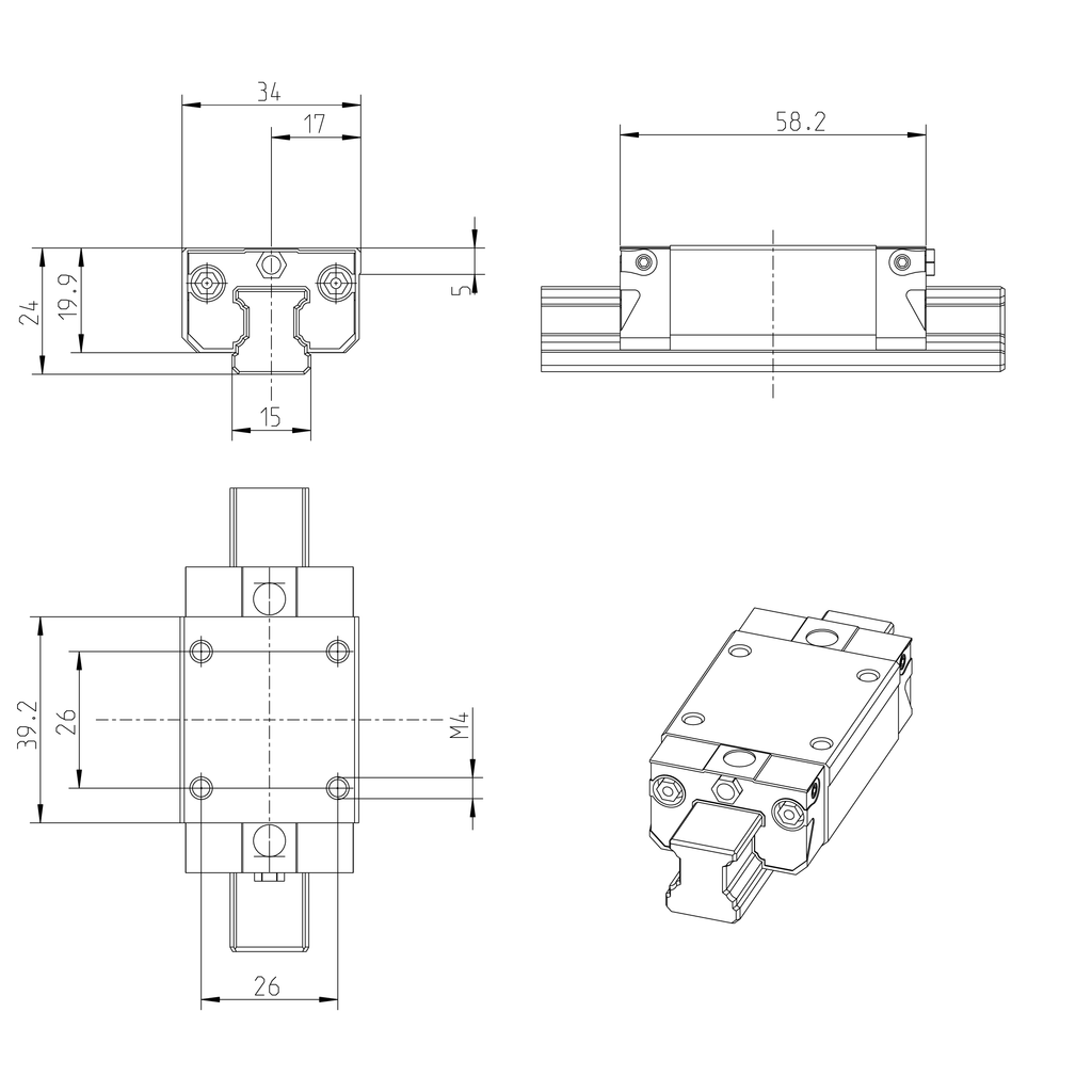 Ball runner block, SNS, size 15, steel CS, accuracy standard, low preload