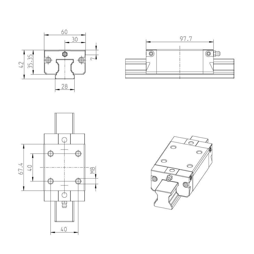 Ball runner block, SNS, size 30, steel CS, accuracy standard, low preload